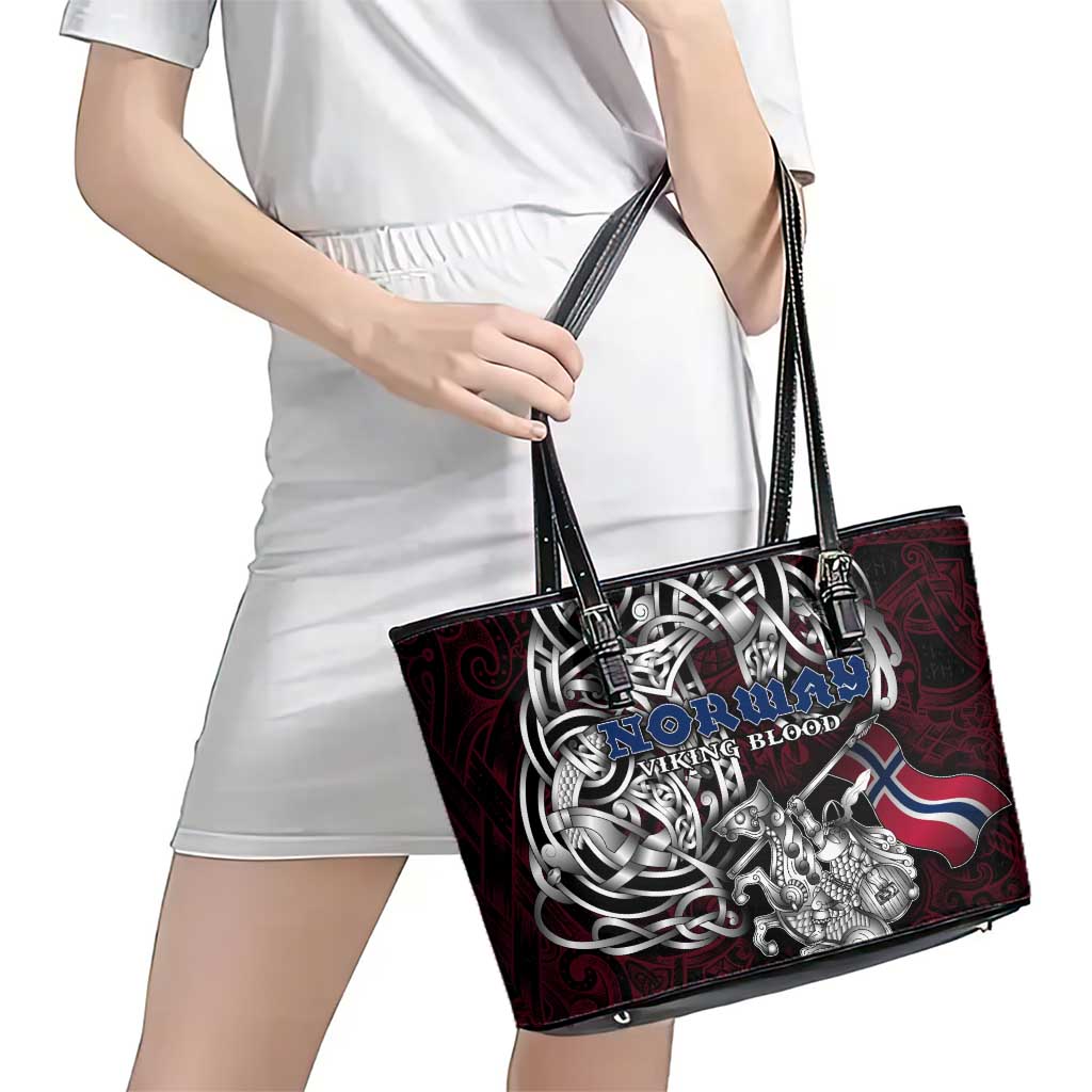 Norway Viking Blood Leather Tote Bag Nordic Runes and Shield of Ancestry in Tribal Knotwork