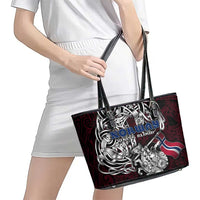 Norway Viking Blood Leather Tote Bag Nordic Runes and Shield of Ancestry in Tribal Knotwork