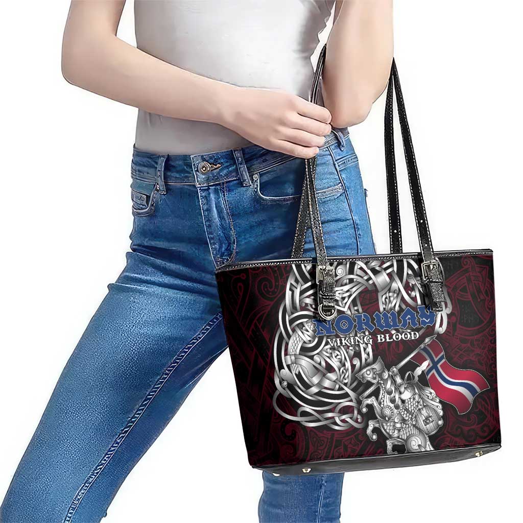 Norway Viking Blood Leather Tote Bag Nordic Runes and Shield of Ancestry in Tribal Knotwork