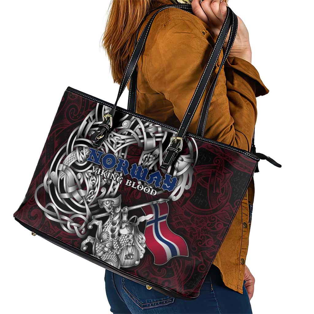 Norway Viking Blood Leather Tote Bag Nordic Runes and Shield of Ancestry in Tribal Knotwork