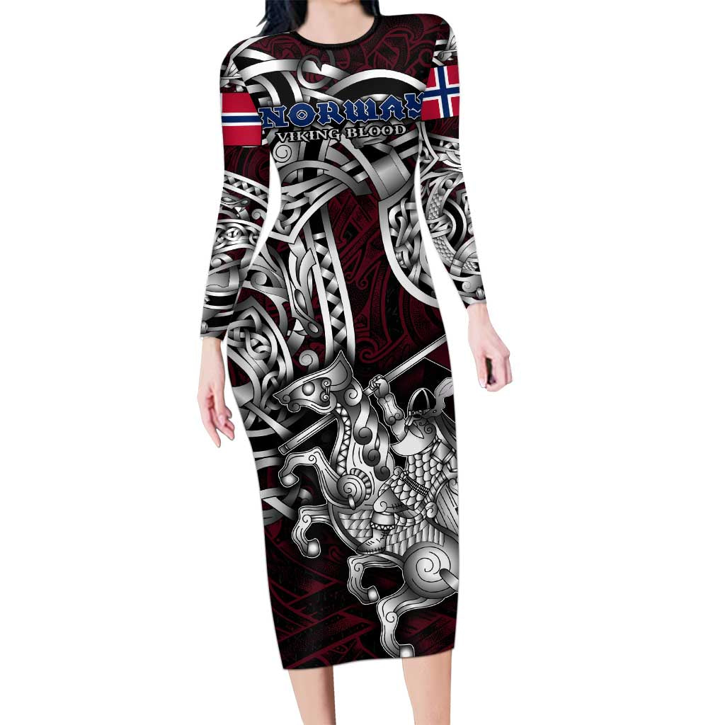 Personalized Norway Viking Blood Long Sleeve Bodycon Dress Nordic Runes and Shield of Ancestry in Tribal Knotwork