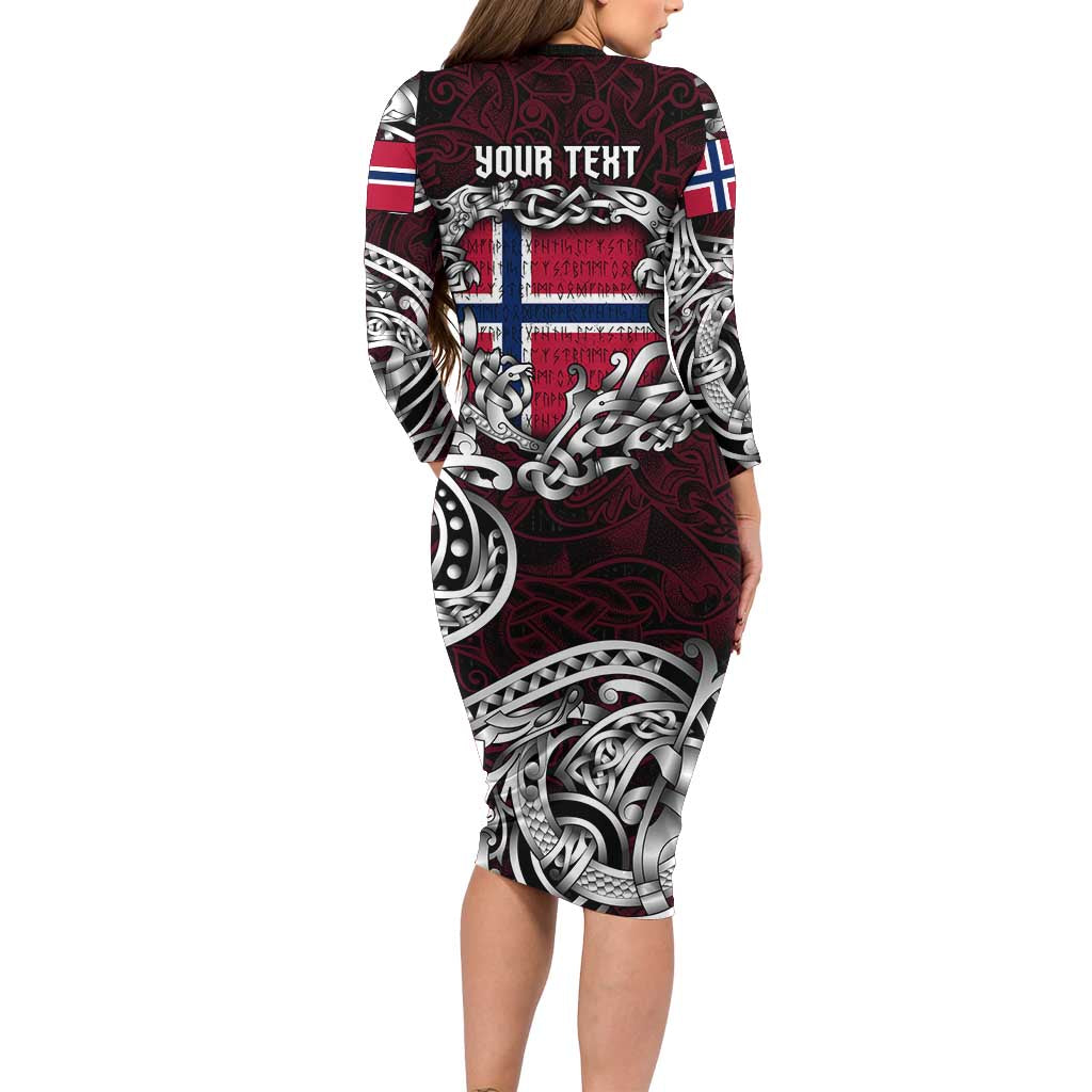 Personalized Norway Viking Blood Long Sleeve Bodycon Dress Nordic Runes and Shield of Ancestry in Tribal Knotwork
