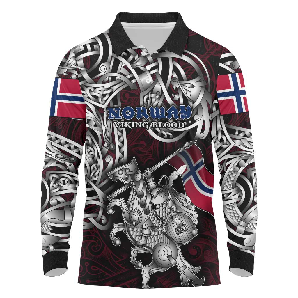 Personalized Norway Viking Blood Long Sleeve Polo Shirt Nordic Runes and Shield of Ancestry in Tribal Knotwork