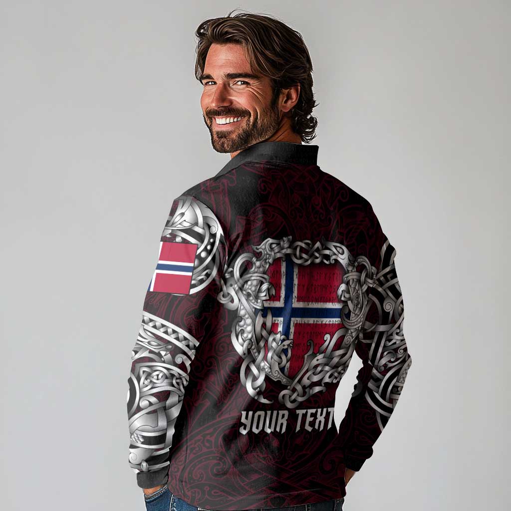 Personalized Norway Viking Blood Long Sleeve Polo Shirt Nordic Runes and Shield of Ancestry in Tribal Knotwork