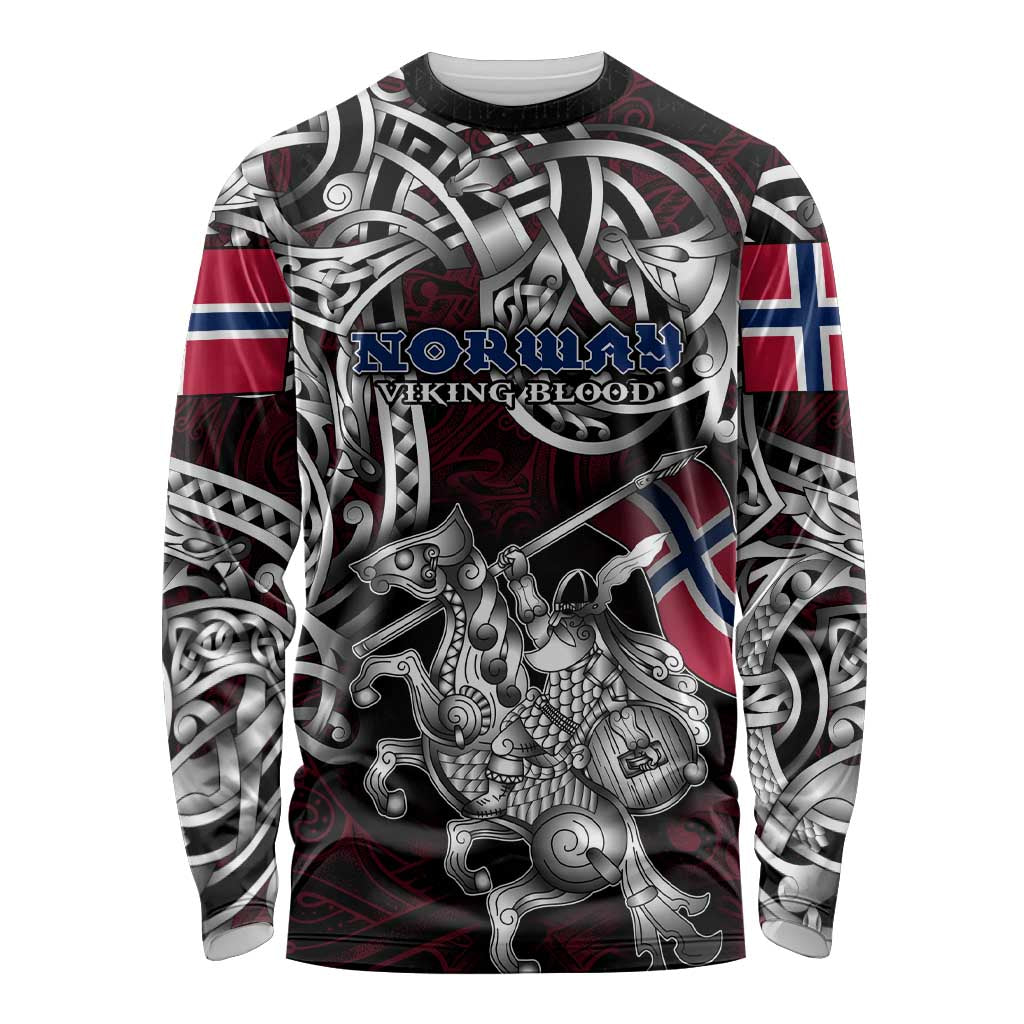 Personalized Norway Viking Blood Long Sleeve Shirt Nordic Runes and Shield of Ancestry in Tribal Knotwork