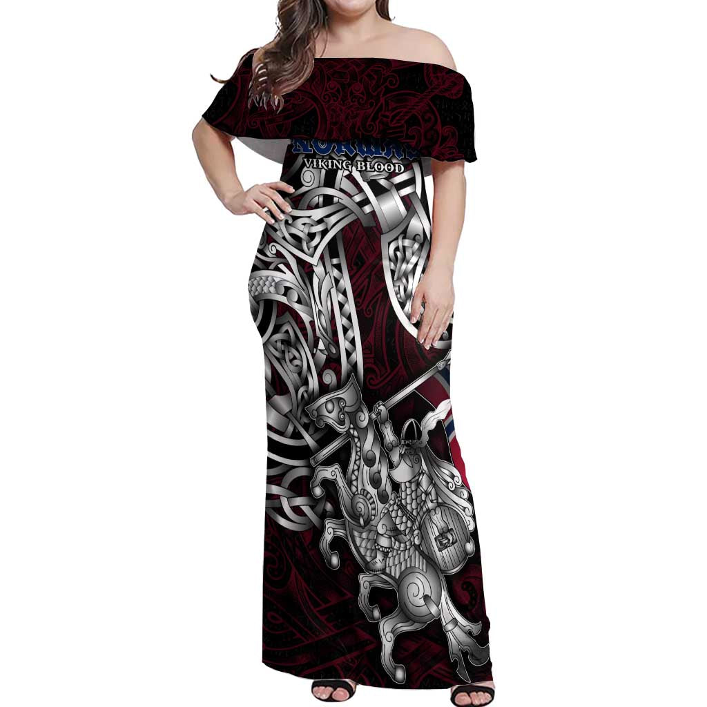 Personalized Norway Viking Blood Off Shoulder Maxi Dress Nordic Runes and Shield of Ancestry in Tribal Knotwork