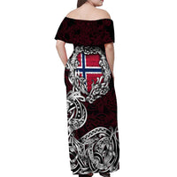 Personalized Norway Viking Blood Off Shoulder Maxi Dress Nordic Runes and Shield of Ancestry in Tribal Knotwork