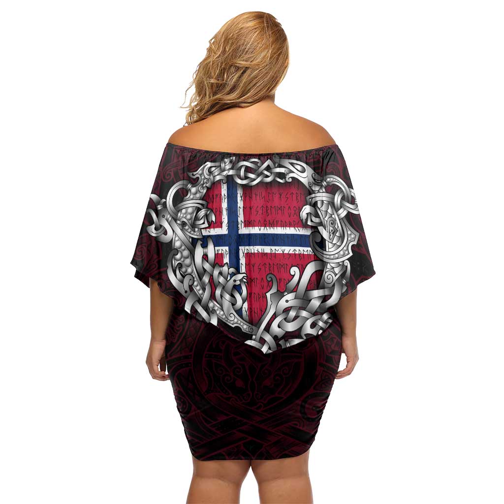 Personalized Norway Viking Blood Off Shoulder Short Dress Nordic Runes and Shield of Ancestry in Tribal Knotwork