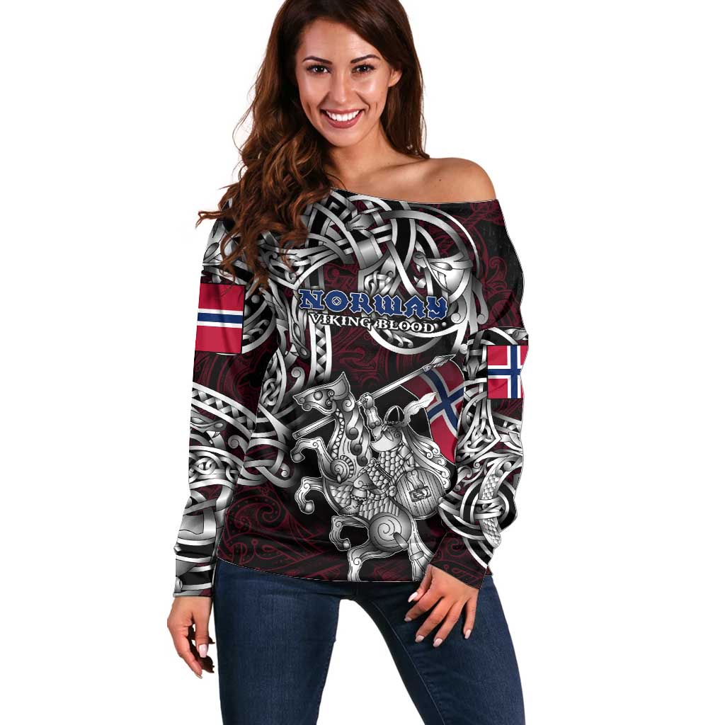 Personalized Norway Viking Blood Off Shoulder Sweater Nordic Runes and Shield of Ancestry in Tribal Knotwork
