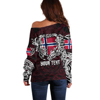 Personalized Norway Viking Blood Off Shoulder Sweater Nordic Runes and Shield of Ancestry in Tribal Knotwork