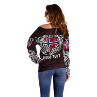 Personalized Norway Viking Blood Off Shoulder Sweater Nordic Runes and Shield of Ancestry in Tribal Knotwork