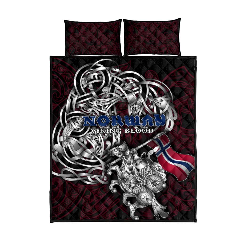 Norway Viking Blood Quilt Bed Set Nordic Runes and Shield of Ancestry in Tribal Knotwork