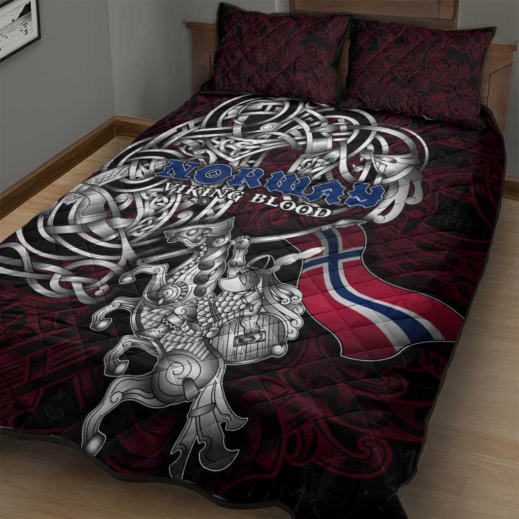 Norway Viking Blood Quilt Bed Set Nordic Runes and Shield of Ancestry in Tribal Knotwork