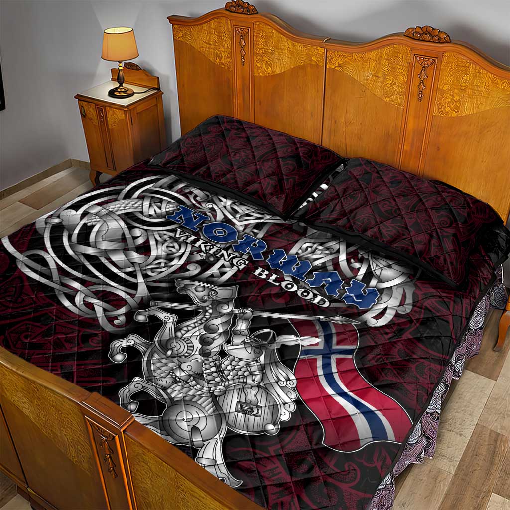 Norway Viking Blood Quilt Bed Set Nordic Runes and Shield of Ancestry in Tribal Knotwork