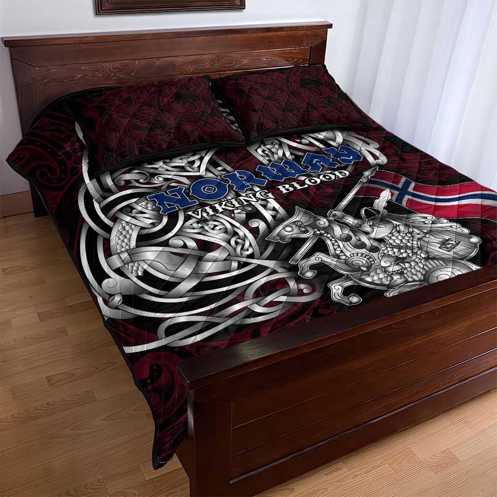 Norway Viking Blood Quilt Bed Set Nordic Runes and Shield of Ancestry in Tribal Knotwork