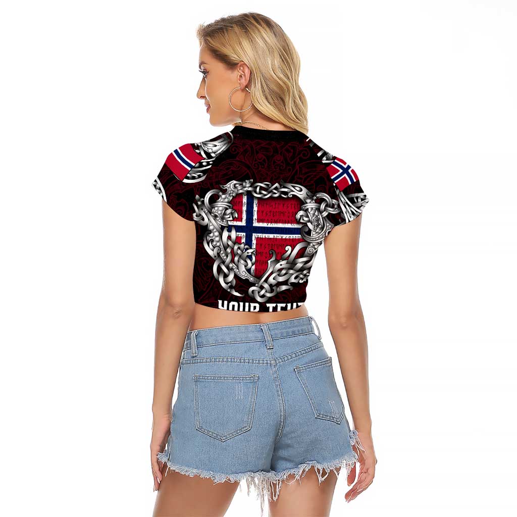 Personalized Norway Viking Blood Raglan Cropped T Shirt Nordic Runes and Shield of Ancestry in Tribal Knotwork