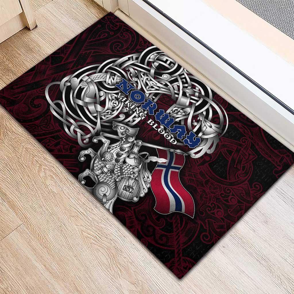 Norway Viking Blood Rubber Doormat Nordic Runes and Shield of Ancestry in Tribal Knotwork