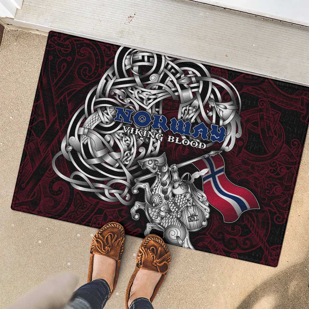 Norway Viking Blood Rubber Doormat Nordic Runes and Shield of Ancestry in Tribal Knotwork