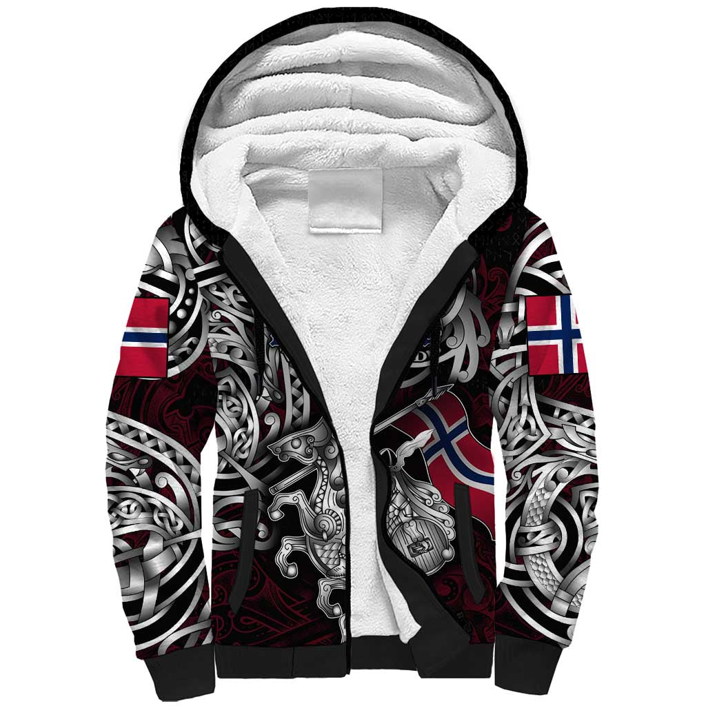 Personalized Norway Viking Blood Sherpa Hoodie Nordic Runes and Shield of Ancestry in Tribal Knotwork