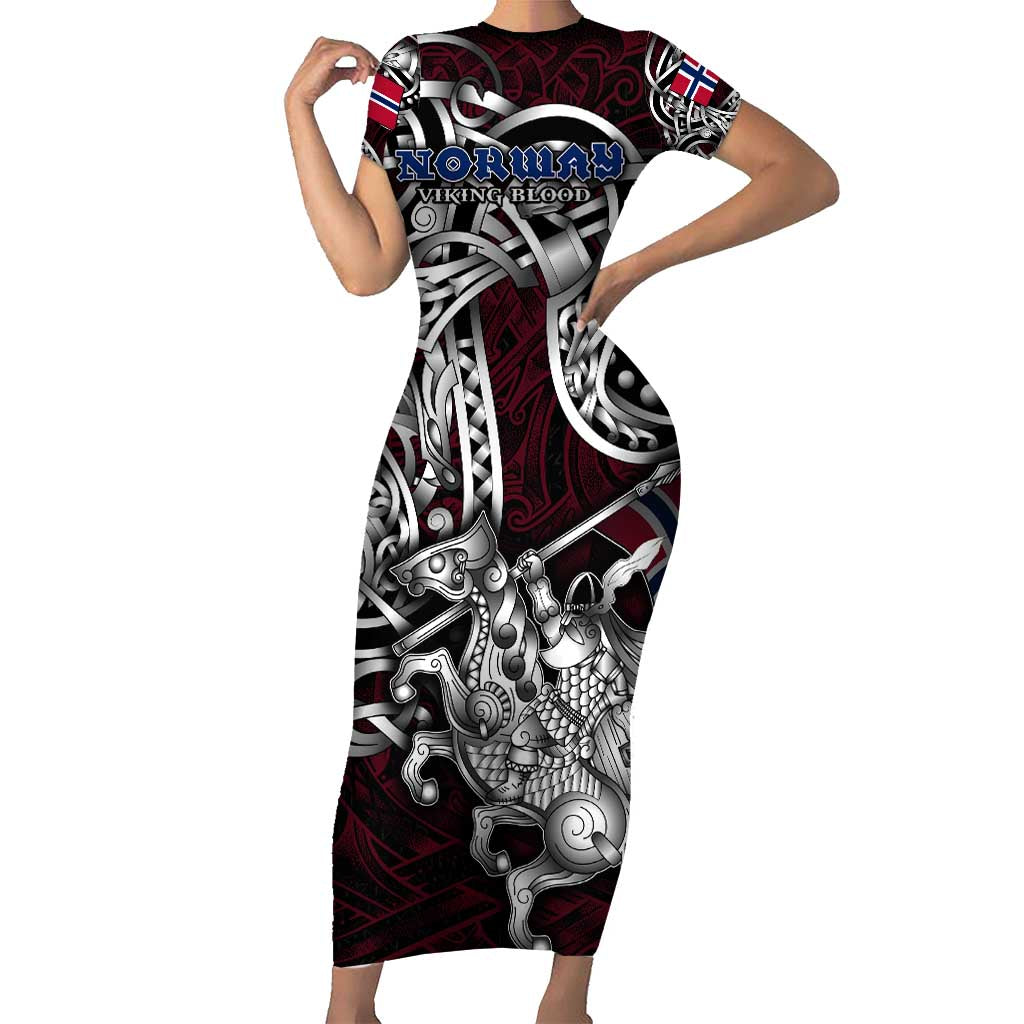 Personalized Norway Viking Blood Short Sleeve Bodycon Dress Nordic Runes and Shield of Ancestry in Tribal Knotwork