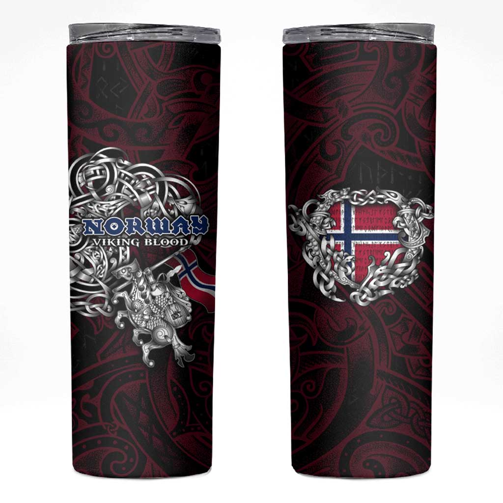 Norway Viking Blood Skinny Tumbler Nordic Runes and Shield of Ancestry in Tribal Knotwork