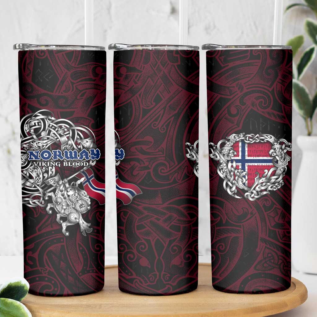 Norway Viking Blood Skinny Tumbler Nordic Runes and Shield of Ancestry in Tribal Knotwork