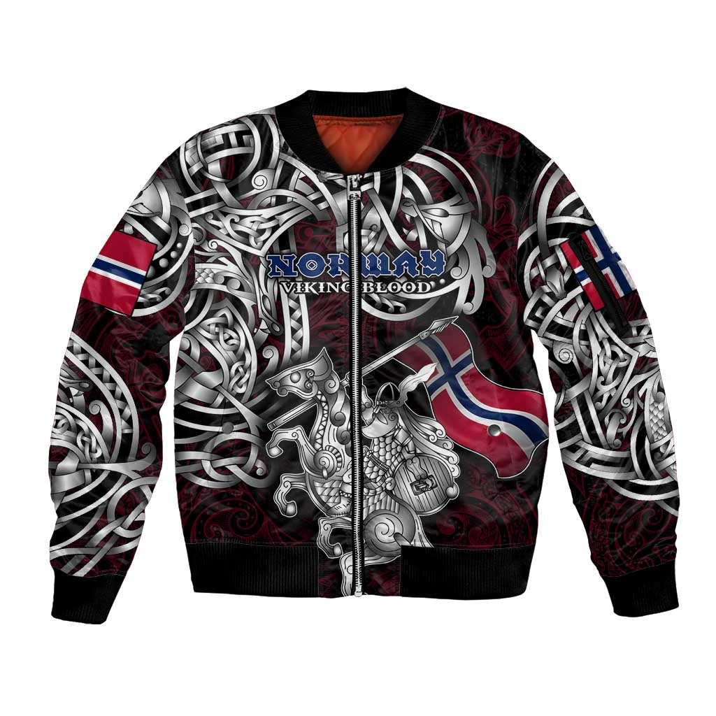 Personalized Norway Viking Blood Sleeve Zip Bomber Jacket Nordic Runes and Shield of Ancestry in Tribal Knotwork