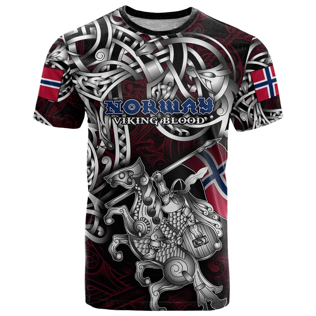 Personalized Norway Viking Blood T Shirt Nordic Runes and Shield of Ancestry in Tribal Knotwork