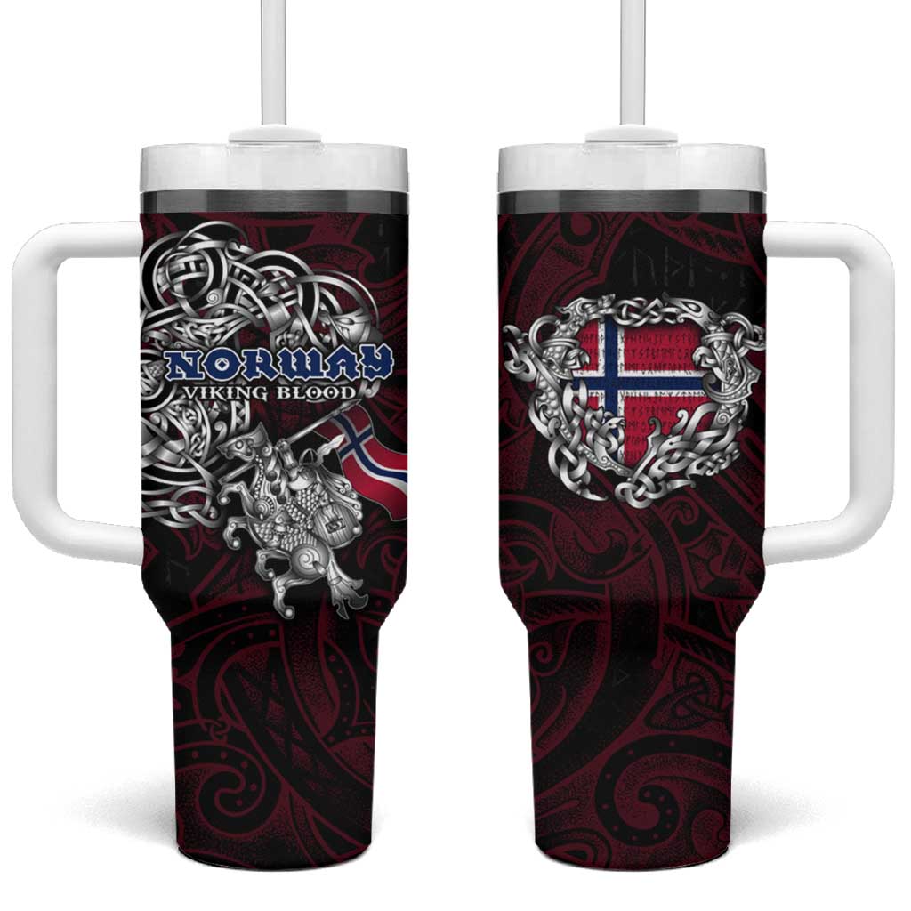 Norway Viking Blood Tumbler With Handle Nordic Runes and Shield of Ancestry in Tribal Knotwork