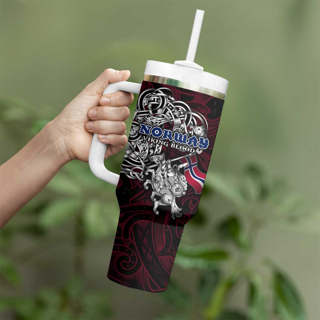 Norway Viking Blood Tumbler With Handle Nordic Runes and Shield of Ancestry in Tribal Knotwork