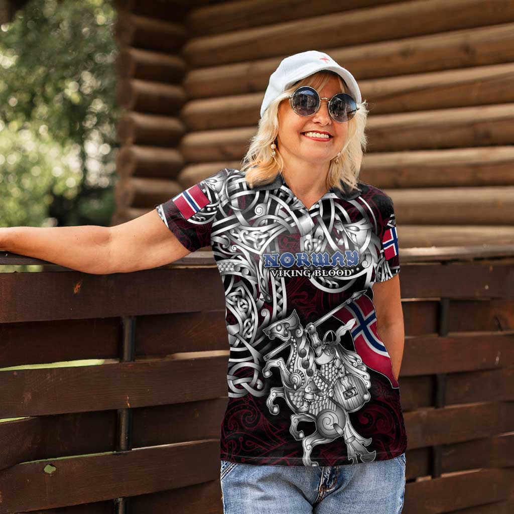 Personalized Norway Viking Blood Women Polo Shirt Nordic Runes and Shield of Ancestry in Tribal Knotwork