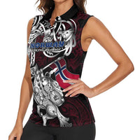Personalized Norway Viking Blood Women Sleeveless Polo Shirt Nordic Runes and Shield of Ancestry in Tribal Knotwork