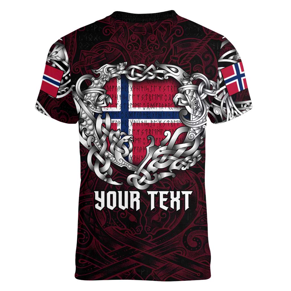 Personalized Norway Viking Blood Women V-Neck T-Shirt Nordic Runes and Shield of Ancestry in Tribal Knotwork