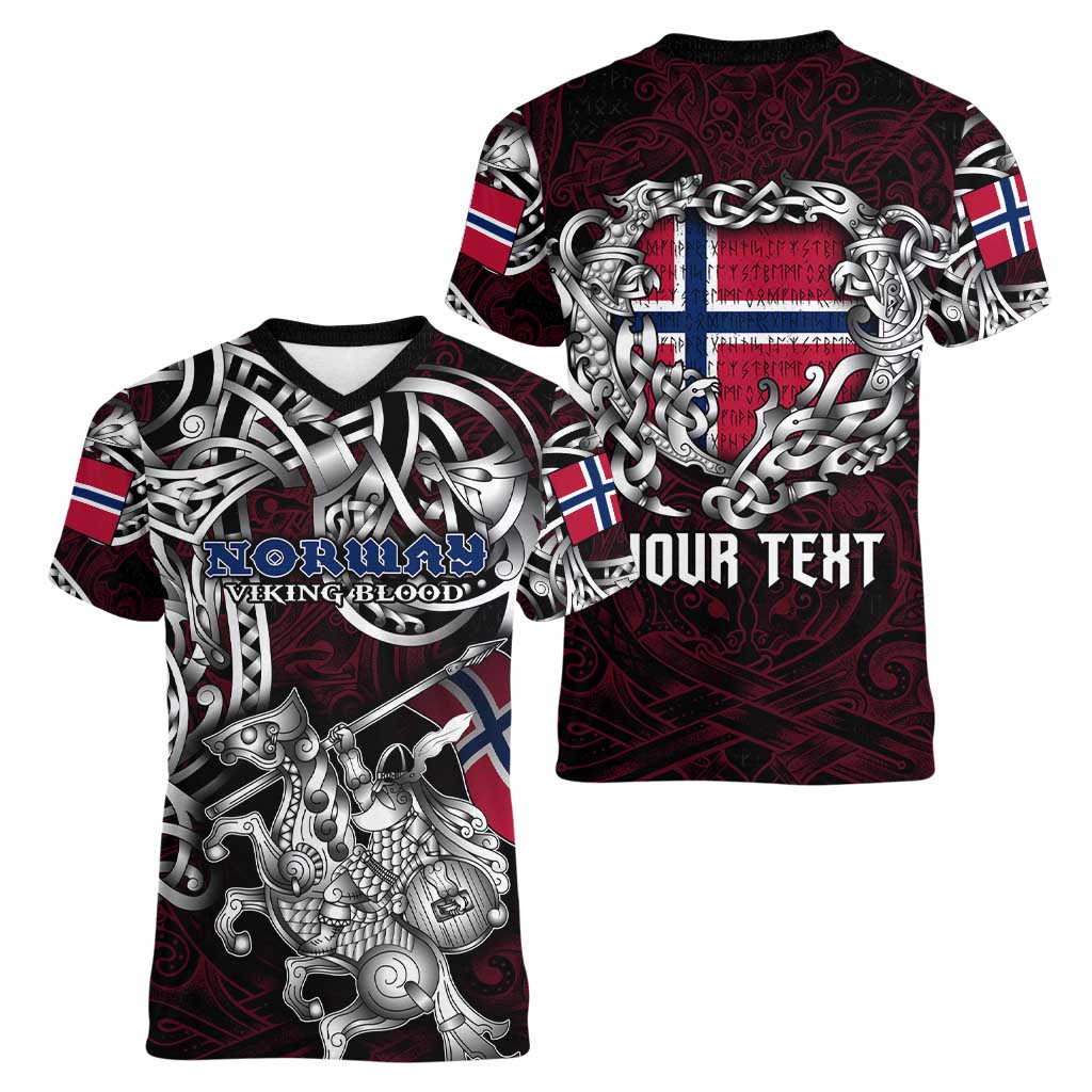 Personalized Norway Viking Blood Women V-Neck T-Shirt Nordic Runes and Shield of Ancestry in Tribal Knotwork