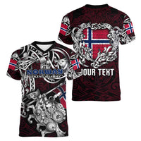 Personalized Norway Viking Blood Women V-Neck T-Shirt Nordic Runes and Shield of Ancestry in Tribal Knotwork