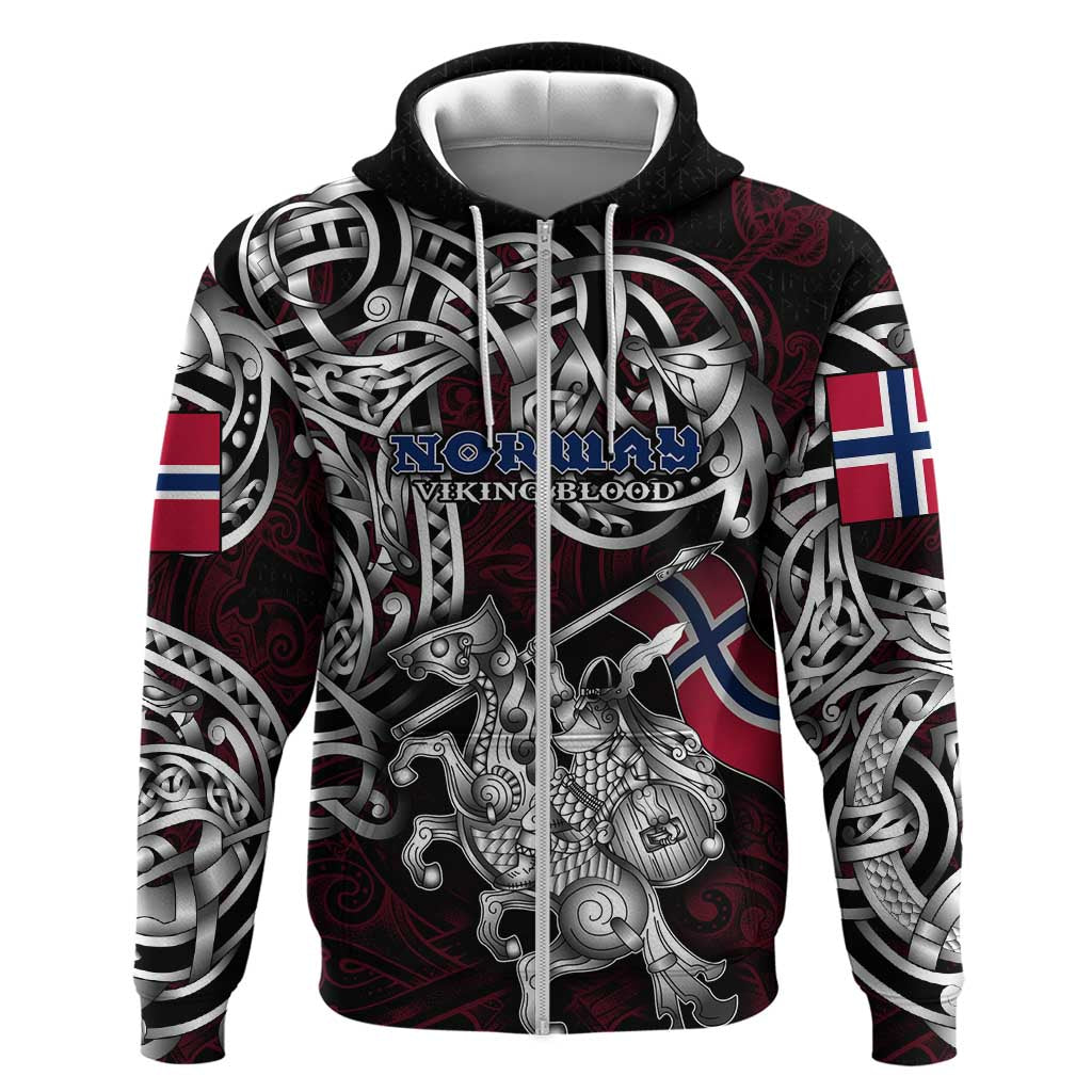 Personalized Norway Viking Blood Zip Hoodie Nordic Runes and Shield of Ancestry in Tribal Knotwork