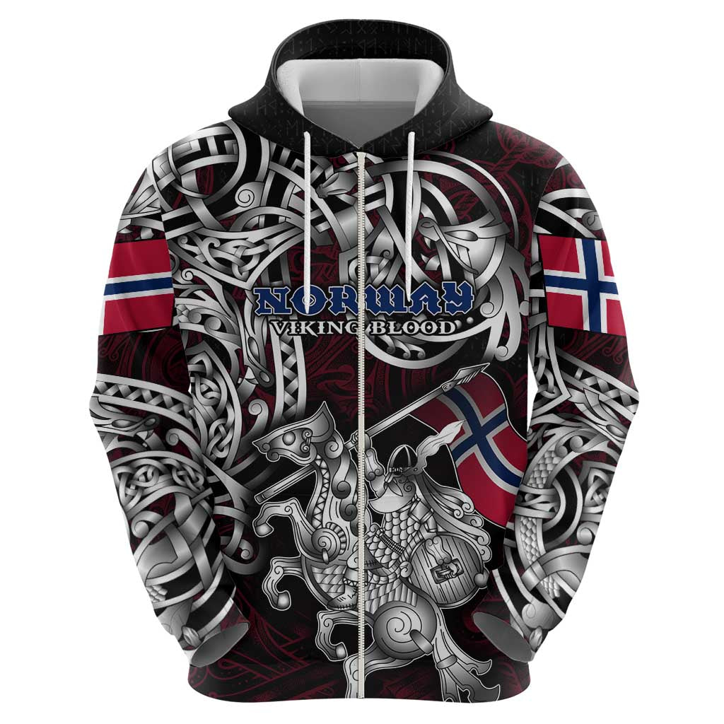 Personalized Norway Viking Blood Zip Hoodie Nordic Runes and Shield of Ancestry in Tribal Knotwork