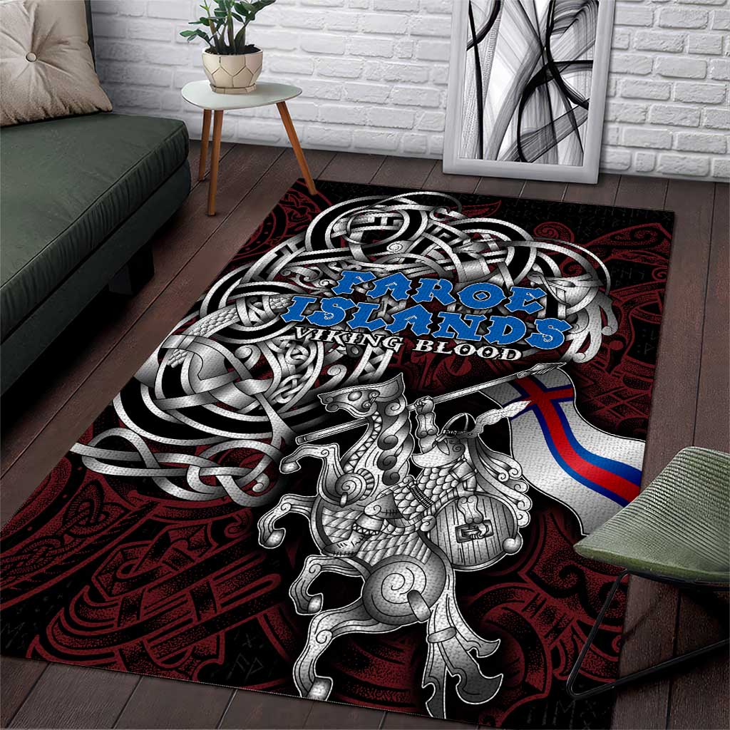 Faroe Islands Viking Blood Area Rug Nordic Runes and Shield of Ancestry in Tribal Knotwork