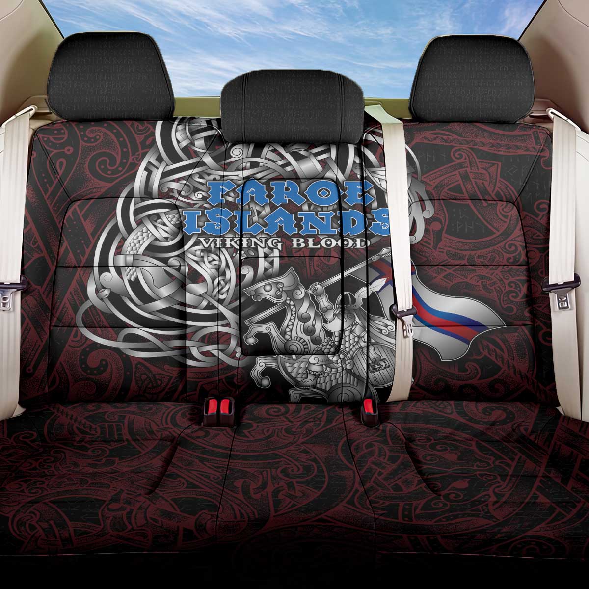 Faroe Islands Viking Blood Back Car Seat Cover Nordic Runes and Shield of Ancestry in Tribal Knotwork
