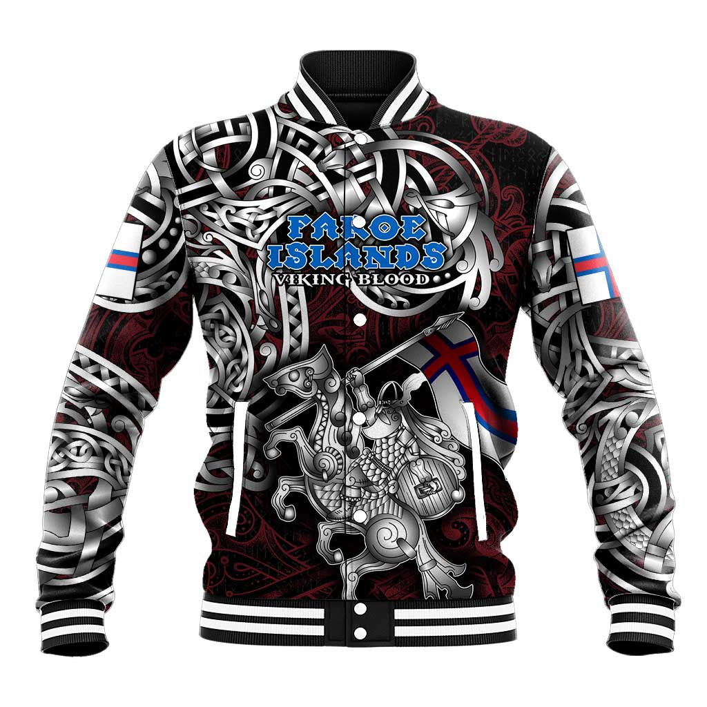 Personalized Faroe Islands Viking Blood Baseball Jacket Nordic Runes and Shield of Ancestry in Tribal Knotwork