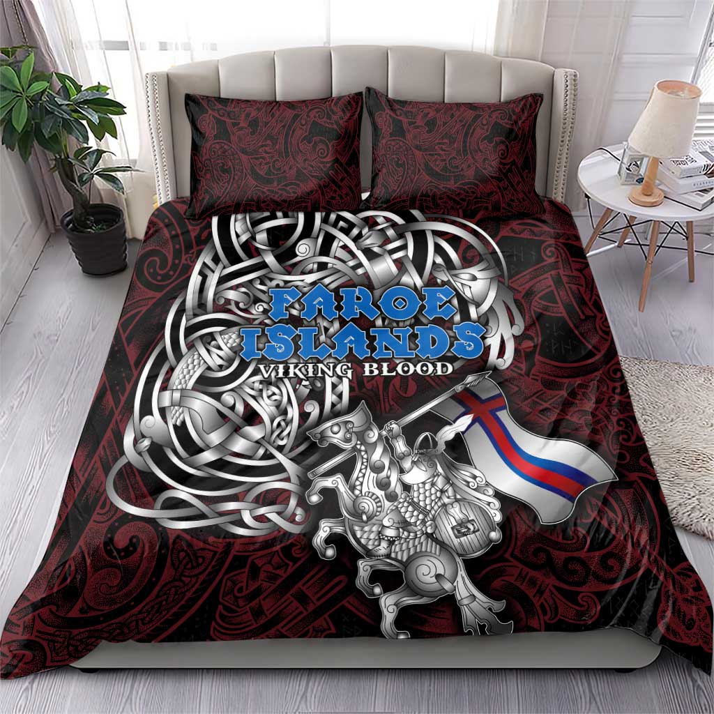 Faroe Islands Viking Blood Bedding Set Nordic Runes and Shield of Ancestry in Tribal Knotwork