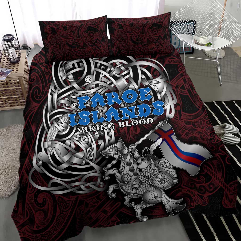 Faroe Islands Viking Blood Bedding Set Nordic Runes and Shield of Ancestry in Tribal Knotwork