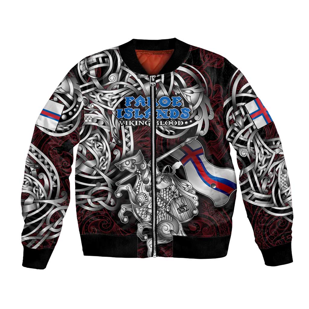 Personalized Faroe Islands Viking Blood Bomber Jacket Nordic Runes and Shield of Ancestry in Tribal Knotwork