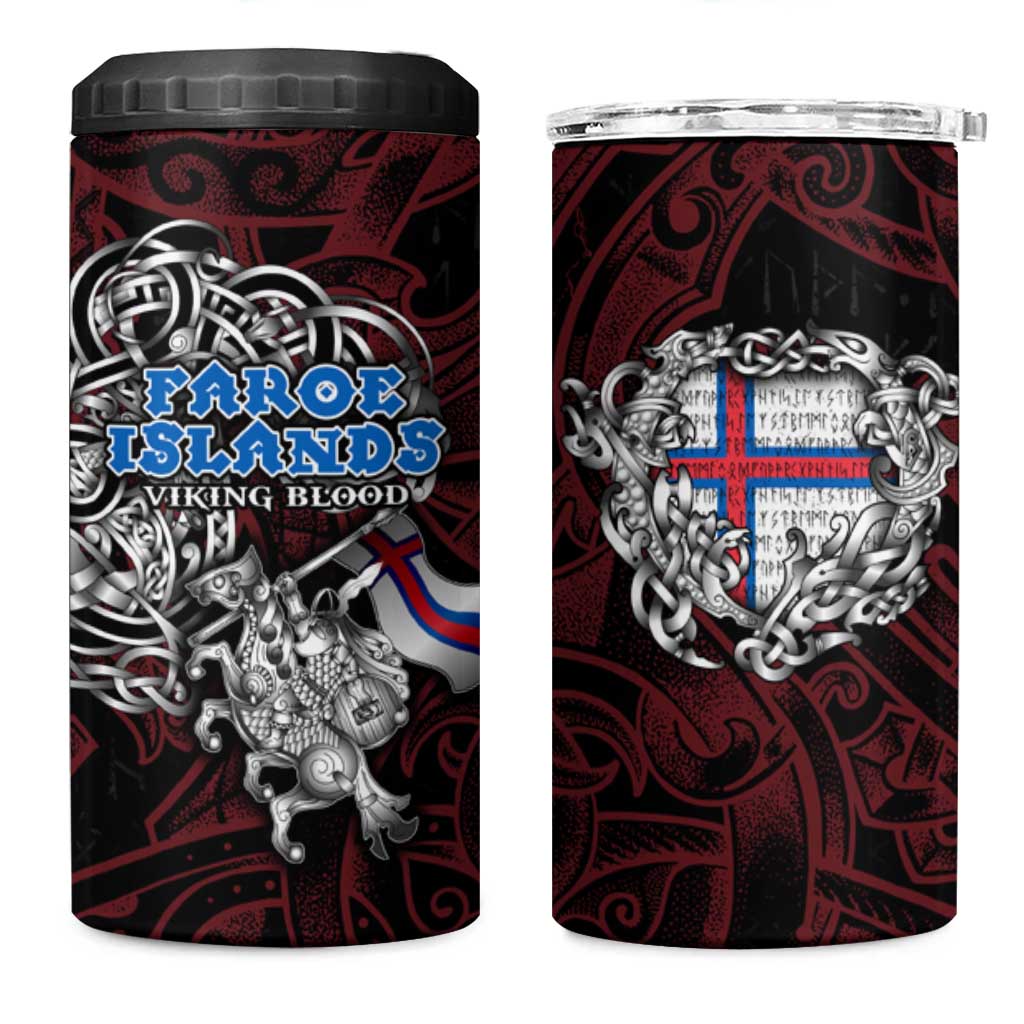 Faroe Islands Viking Blood 4 in 1 Can Cooler Tumbler Nordic Runes and Shield of Ancestry in Tribal Knotwork