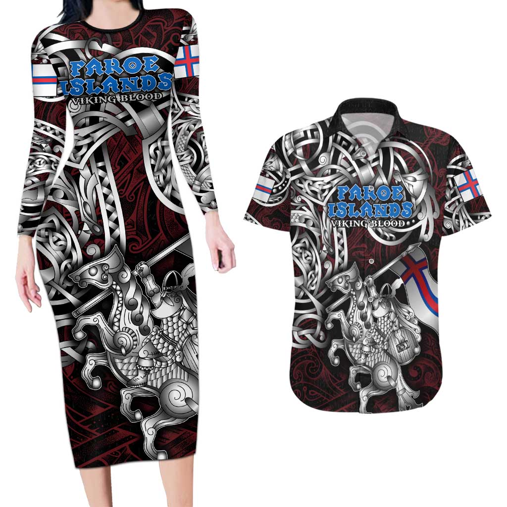 Personalized Faroe Islands Viking Blood Couples Matching Long Sleeve Bodycon Dress and Hawaiian Shirt Nordic Runes and Shield of Ancestry in Tribal Knotwork