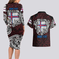 Personalized Faroe Islands Viking Blood Couples Matching Long Sleeve Bodycon Dress and Hawaiian Shirt Nordic Runes and Shield of Ancestry in Tribal Knotwork