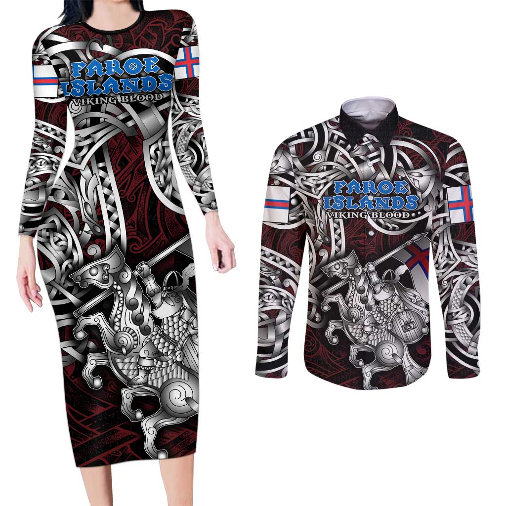 Personalized Faroe Islands Viking Blood Couples Matching Long Sleeve Bodycon Dress and Long Sleeve Button Shirt Nordic Runes and Shield of Ancestry in Tribal Knotwork