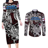 Personalized Faroe Islands Viking Blood Couples Matching Long Sleeve Bodycon Dress and Long Sleeve Button Shirt Nordic Runes and Shield of Ancestry in Tribal Knotwork