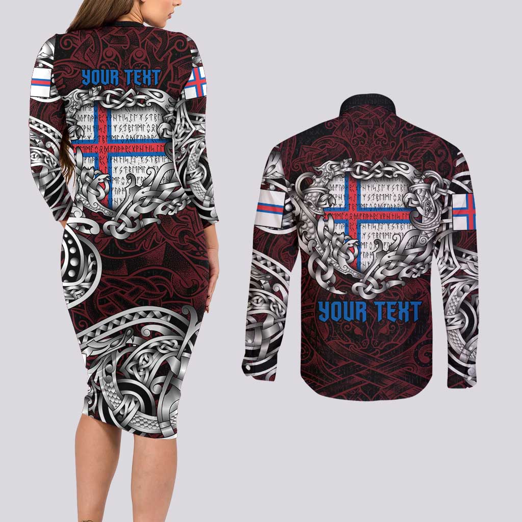Personalized Faroe Islands Viking Blood Couples Matching Long Sleeve Bodycon Dress and Long Sleeve Button Shirt Nordic Runes and Shield of Ancestry in Tribal Knotwork