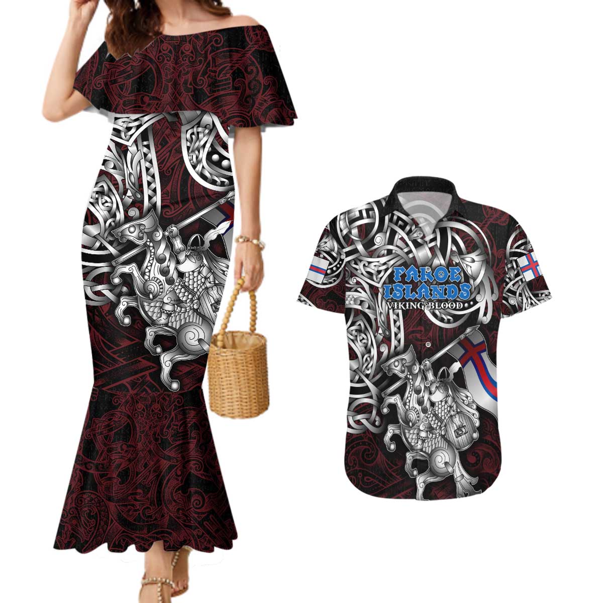 Personalized Faroe Islands Viking Blood Couples Matching Mermaid Dress and Hawaiian Shirt Nordic Runes and Shield of Ancestry in Tribal Knotwork